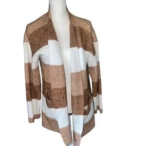 Nine West Brown White Striped Colorblock Open Front Cardigan Large Cozy Knit